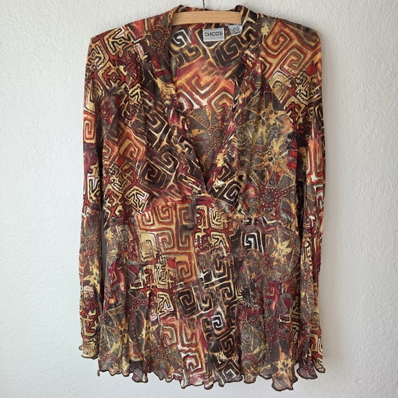 Chico's Tops - Chicos Silk Sheer Blouse Plus Size2 Sheer V-Neck Abstract Long Sleeve Top